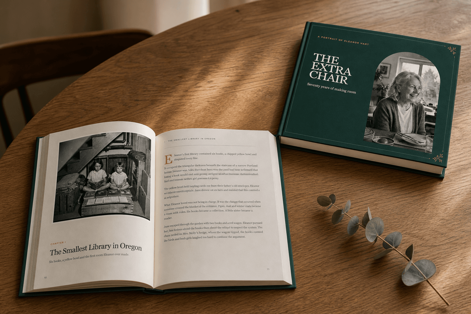 A photographed forest-green Gathered memoir beside an open chapter spread on a warm wooden table